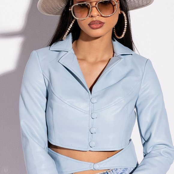 Callie on Clout: Powder Blue Cut Out Button Up Vegan Leather Blazer - Picture 2 of 10